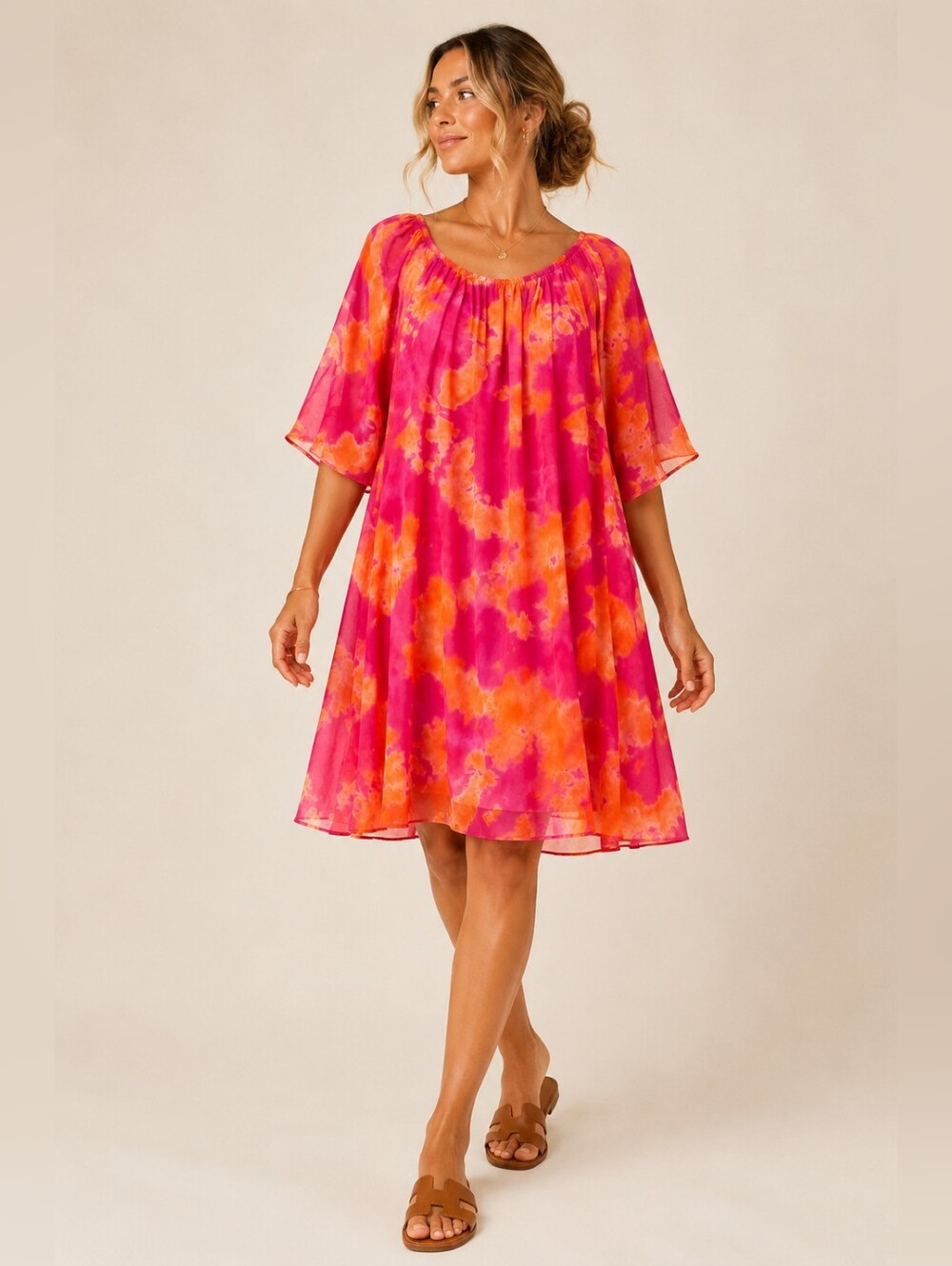 Italian Silk Blend Tie Dye Dress Pink Orange Resort Cover Up